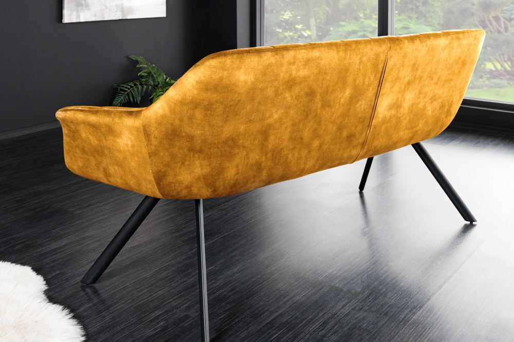 Esszimmer Sitzbank PAPILLON 165cm senfgelb Samt mit Lehnen schwarzes Metallgestell