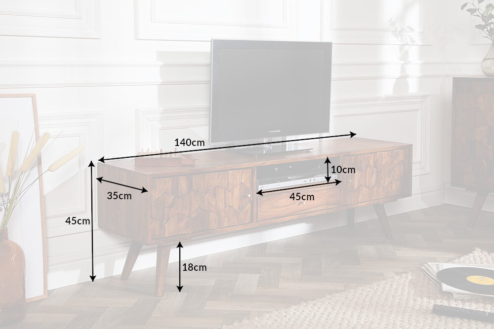 Massives TV-Board MYSTIC LIVING 140cm braun Sheesham Massivholz stone finish 3D -Front