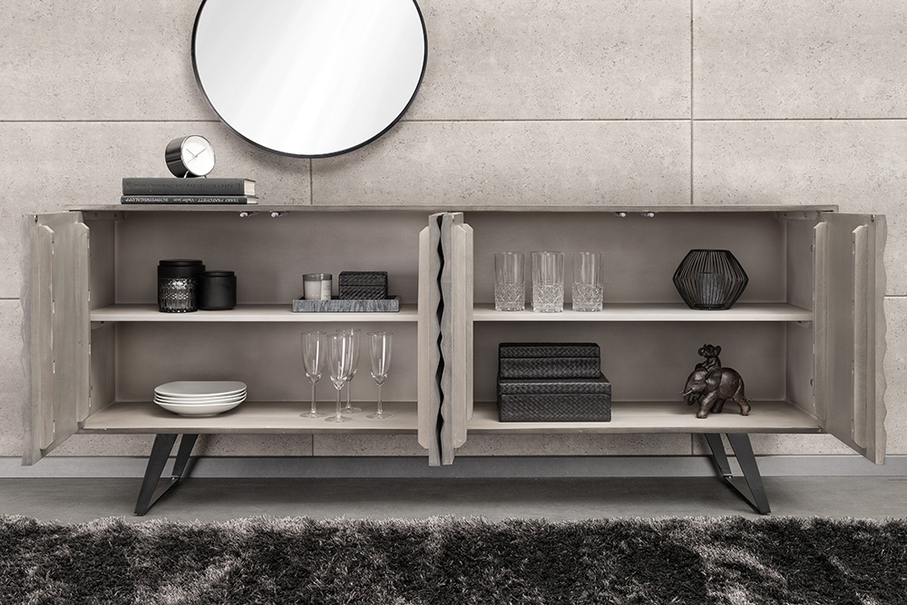 Massivholz Sideboard HURRICANE 175cm grau Akazie 3D-Design