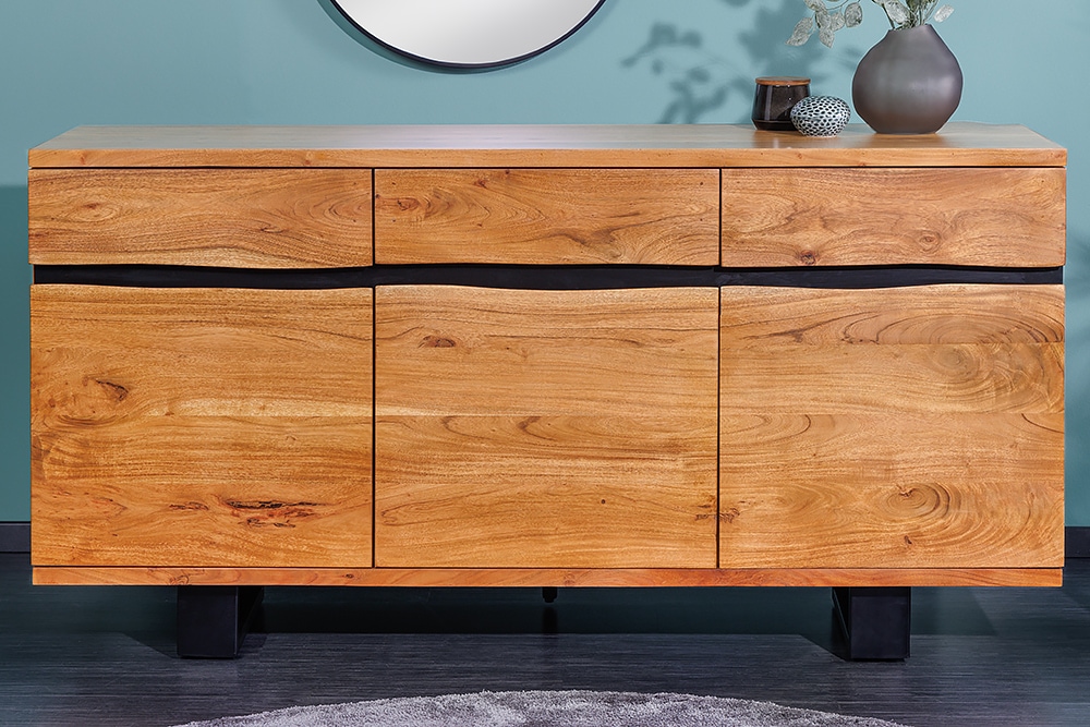 Massivholz Sideboard MAMMUT 160cm Akazie honey finish Metall Baumkante mit Schubladen