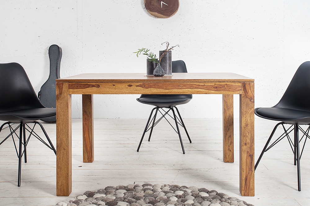 Massiver Holz Esstisch PURE 120-200cm braun Sheesham stone finish mit Ansteckplatten
