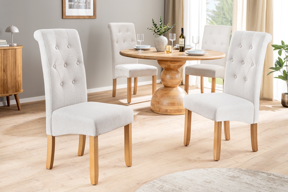 Design Stuhl CASA beige Strukturstoff Massivholzbeine mit Zierknöpfen und Nackenrolle