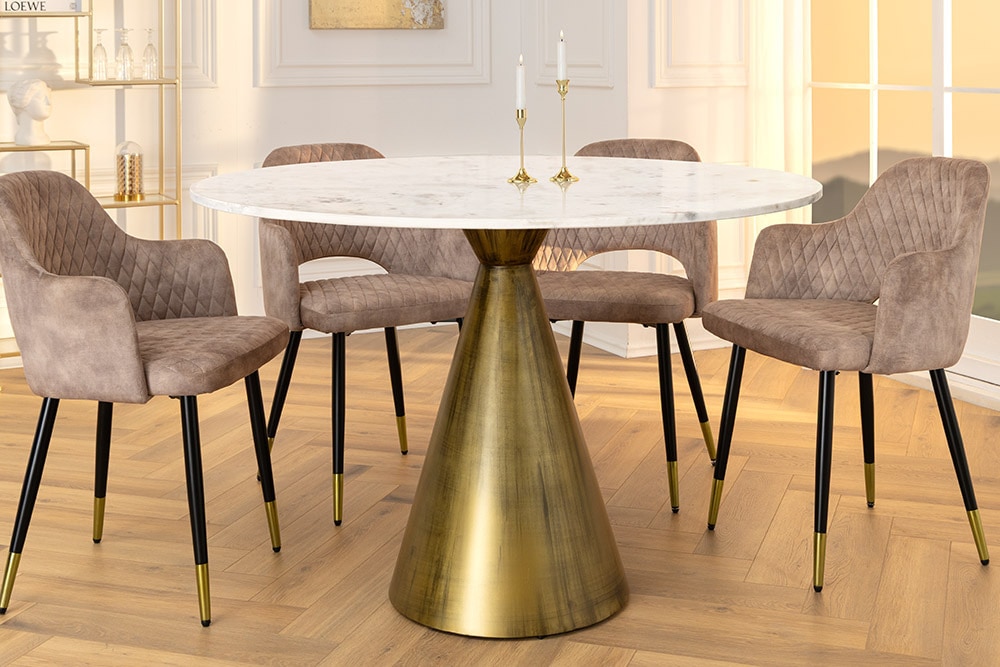 Runder Esstisch ELEGANCIA 100cm messing weiß Marmor Eisen mit Säulenfuß » Jetzt kaufen