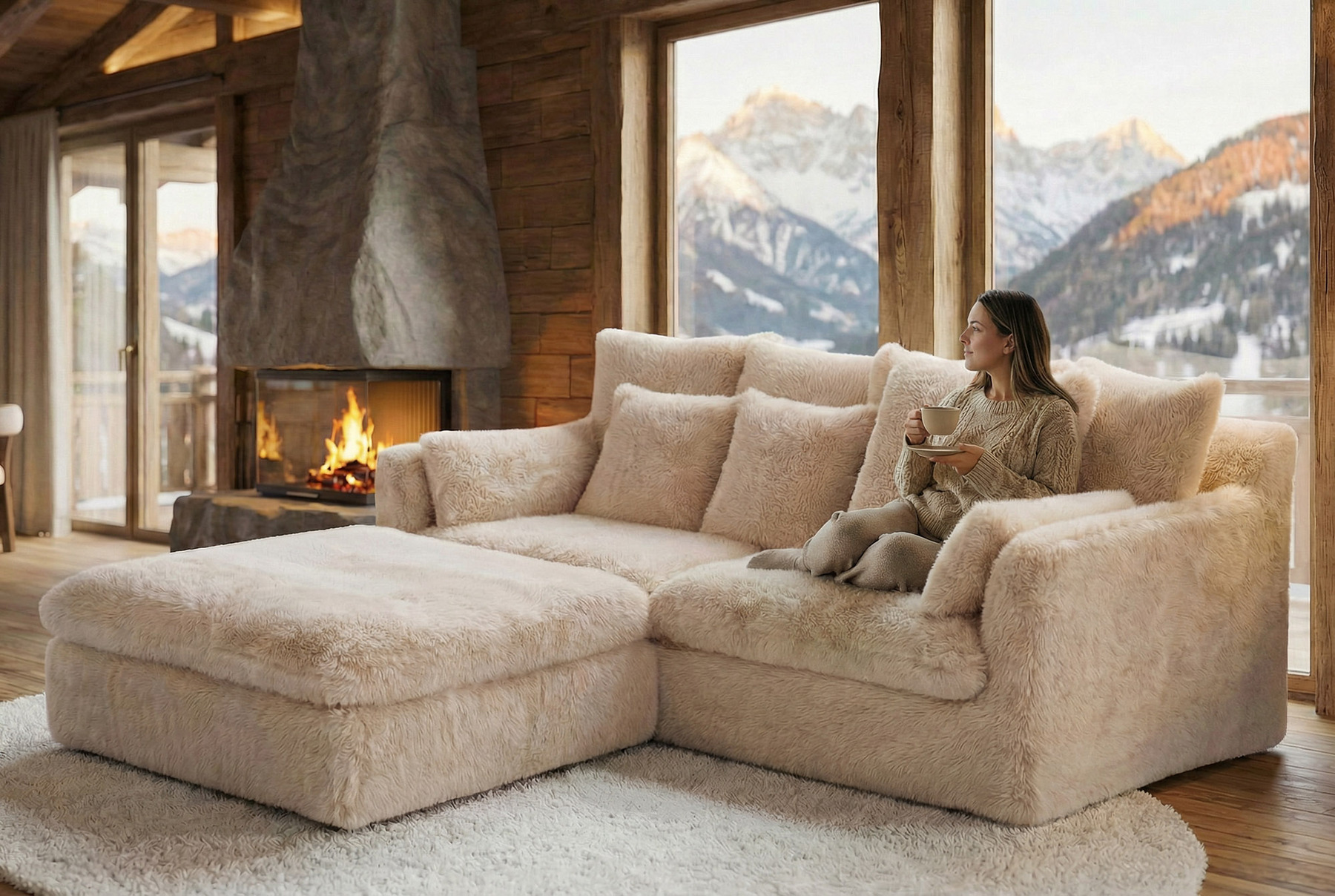 Großes 3-Sitzer Sofa YETI 200cm beige sand langfloriger Plüsch Shaggy-Stoff