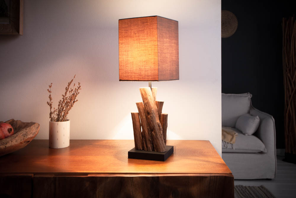 Handgefertigte Tischlampe PURE NATURE 45cm Eisenholz mit Baumwollschirm