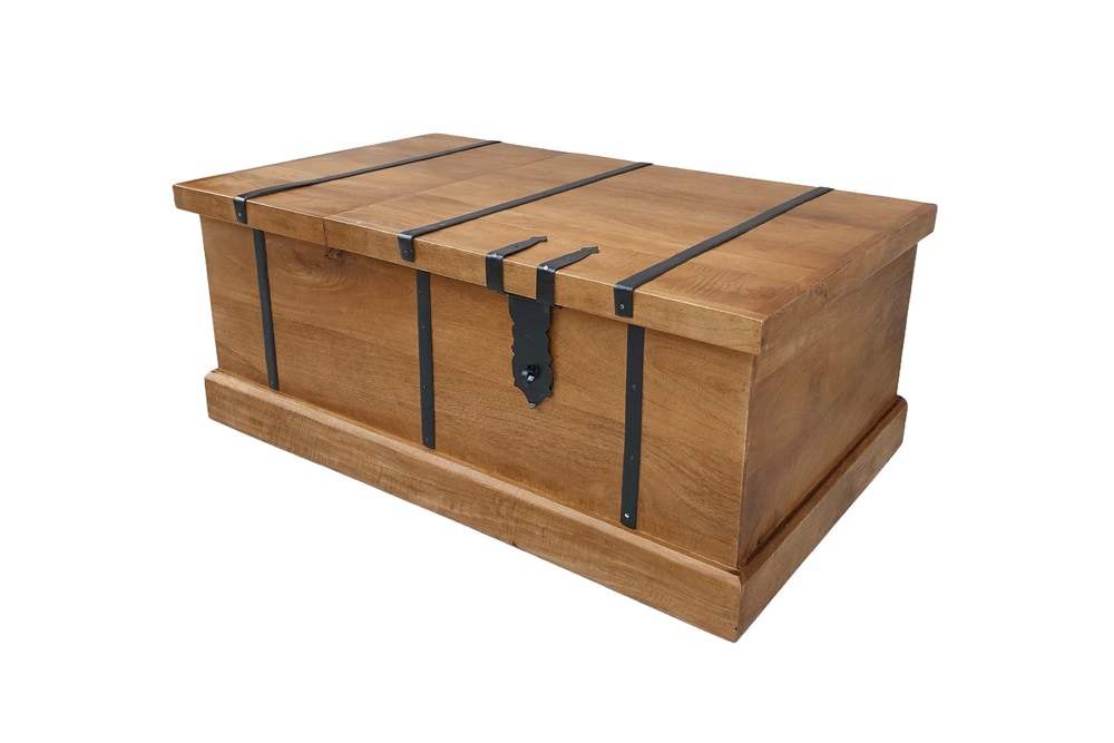 Massiver Couchtisch BODEGA 100cm braun honey finish Mangoholz Hausbar Truhe Stauraum