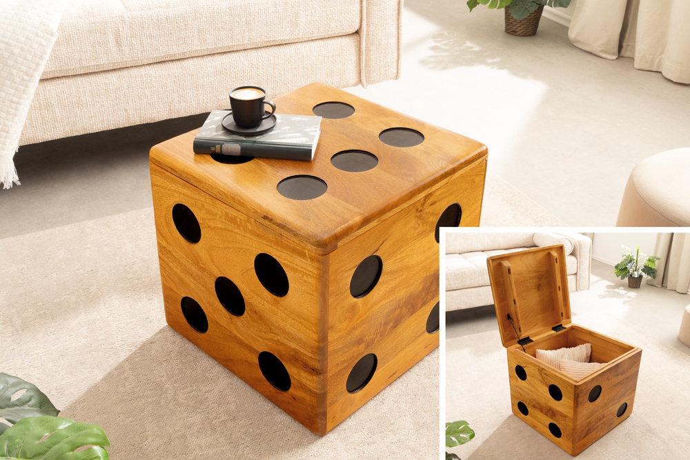 Massiver Würfel-Hocker CUBE 40cm natur Mangoholz Beistelltisch stapelbar mit Fach