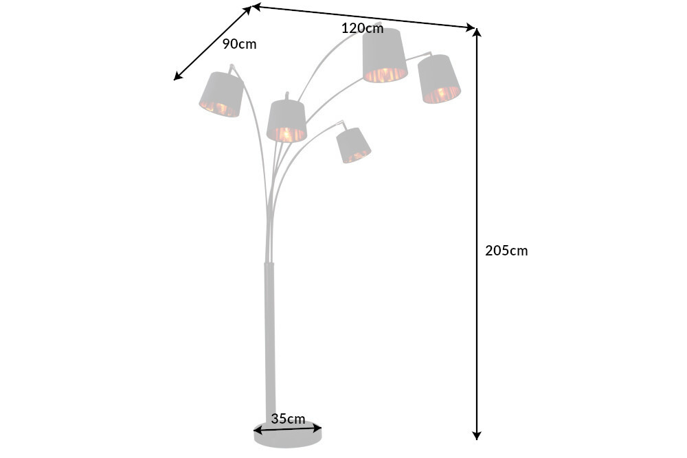 Design Bogenlampe LEVELS 205cm schwarz gold 5 neigbare Leinenschirme Stehlampe
