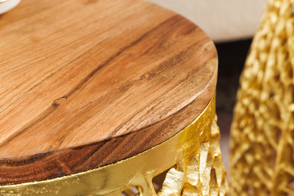 2er Set Filigraner Design Couchtisch ABSTRACT LEAF gold Akazienholz Handarbeit Metall rund
