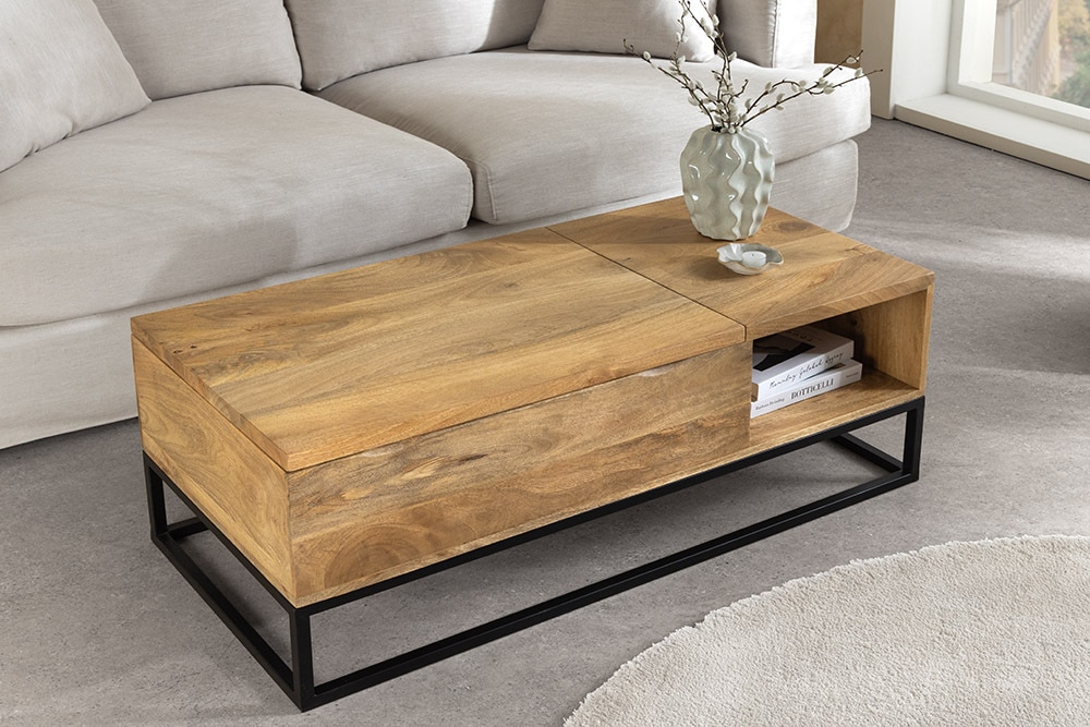 Höhenverstellbarer Couchtisch MAKASSAR FUNCTION 110cm natur cream finish Mangoholz massiv