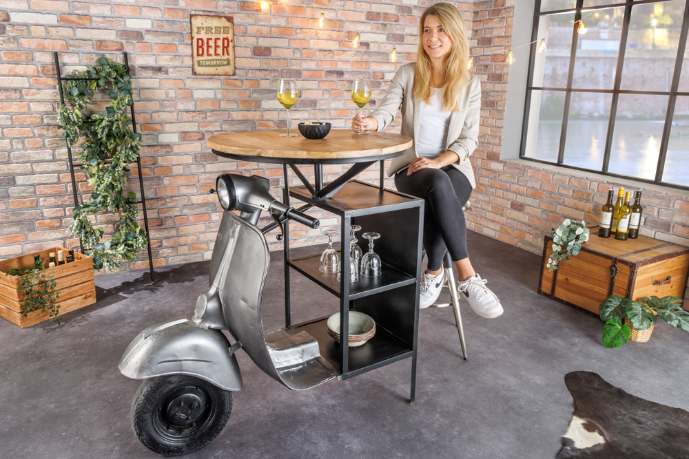 Vintage Bartisch UPCYCLING SCOOTER 120cm silber Mangoholz rund handmade