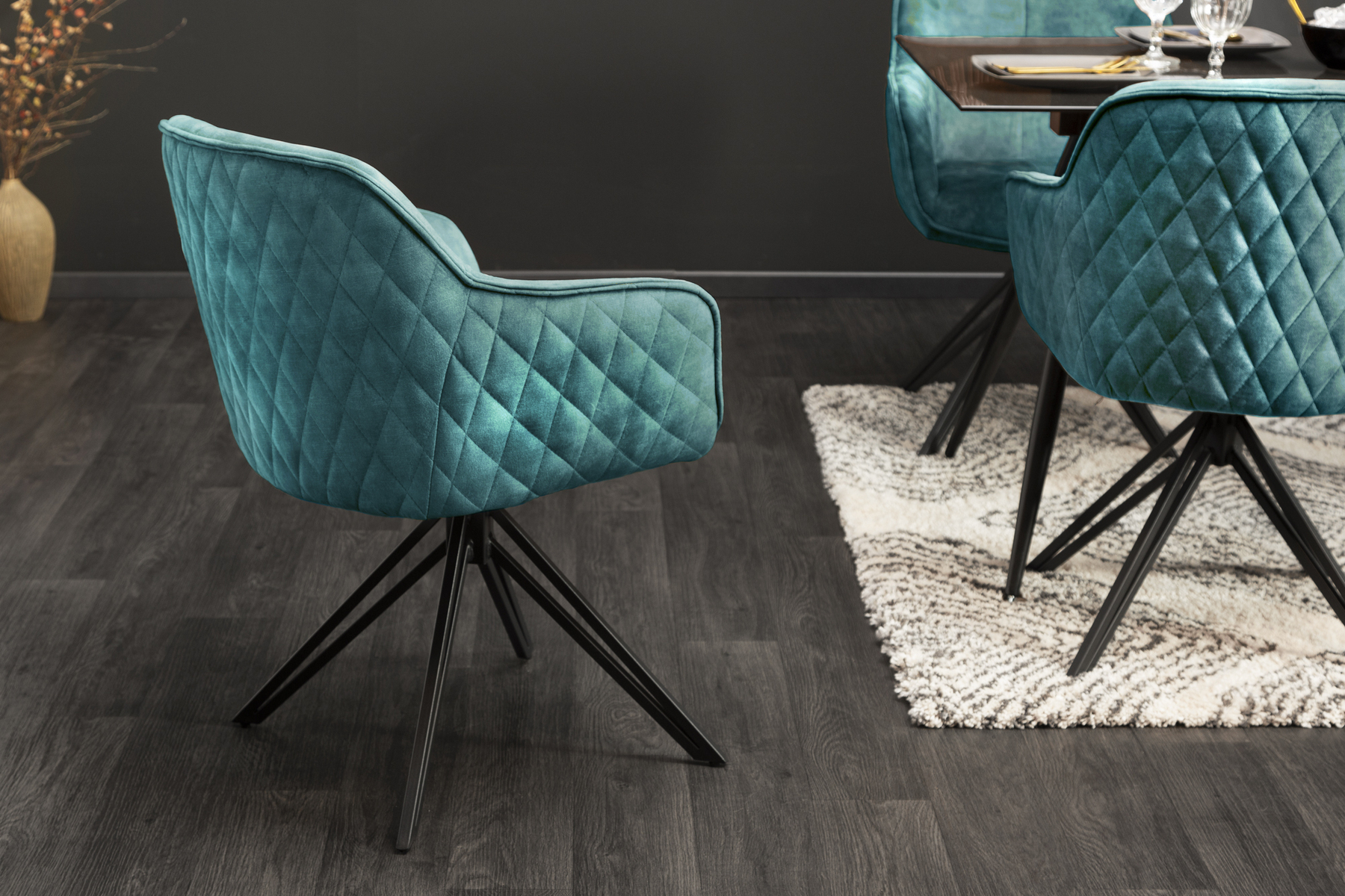 Drehbarer Design Stuhl EUPHORIA petrol Samt mit Armlehne Metallgestell schwarz
