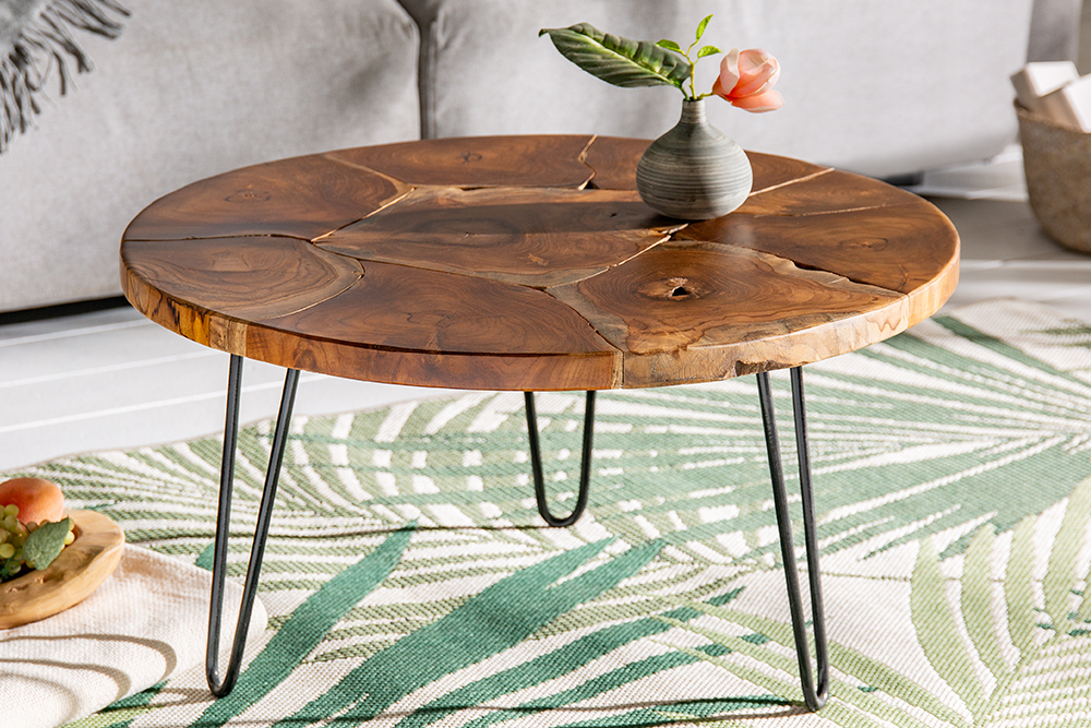 Runder Massivholz Couchtisch MOSAIK 70cm natur Teak Hairpin Legs schwarz Metall handmade