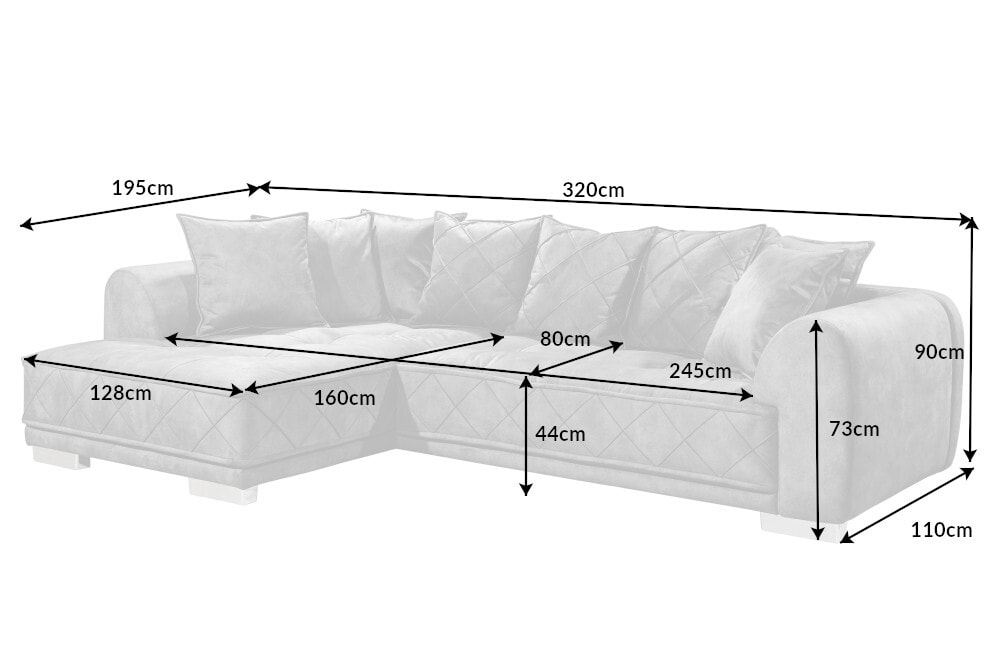Modernes XXL Ecksofa DECADENCIA 320cm silbergrau Samt Bigsofa inkl. Kissen