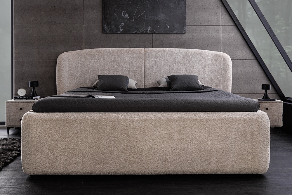 Modernes Boxbett ART DECO 180x200cm greige Bouclé mit Stauraum und Lattenrost