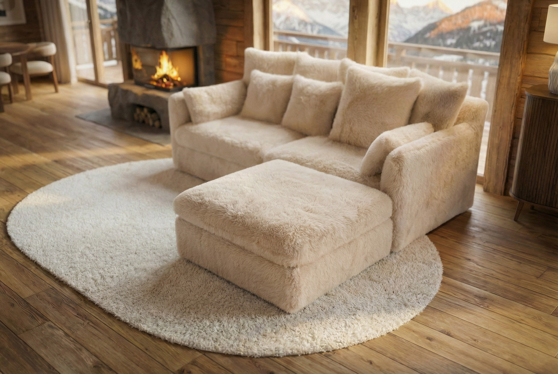Großer Sitzhocker YETI 100cm beige sand Shaggy-Stoff langfloriger Plüsch Sofahocker