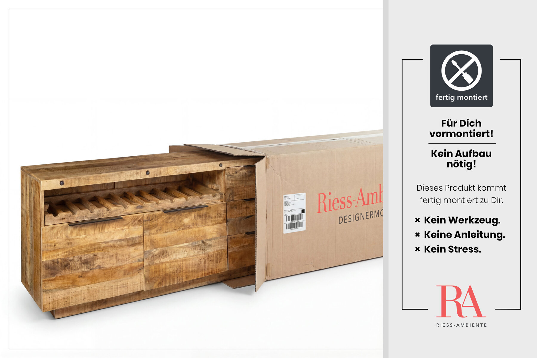 Massives Sideboard IRON CRAFT 175cm natur Mangoholz mit Schubladen Weinregal