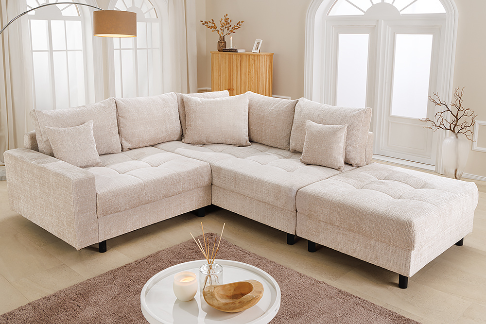 Modernes Ecksofa KENT 220cm champagner beige Chenille Cremona Federkern Wohnlandschaft mit Hocker