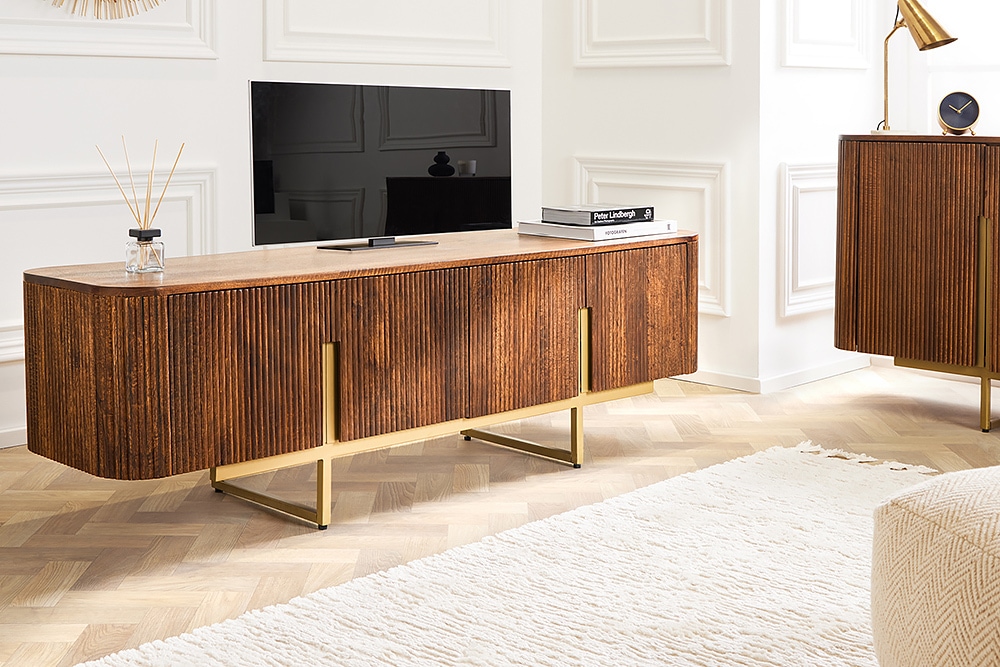 Design TV Board GATSBY 160cm braun mattgold Mangoholz Retro