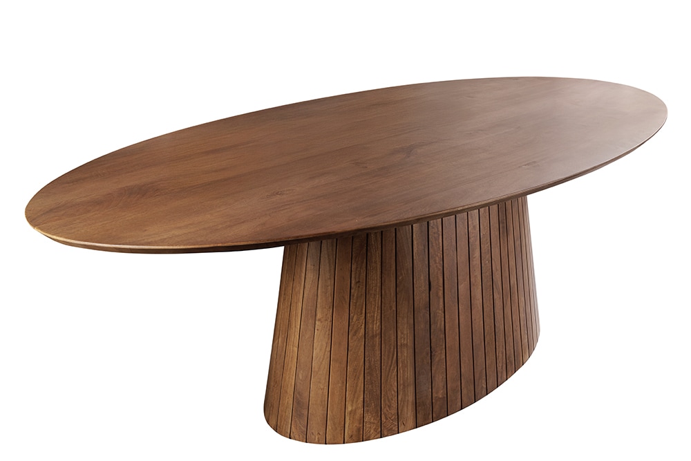 Ovaler Esstisch ART DECO 220cm braun smoked massives Mangoholz mit Säulenfuß
