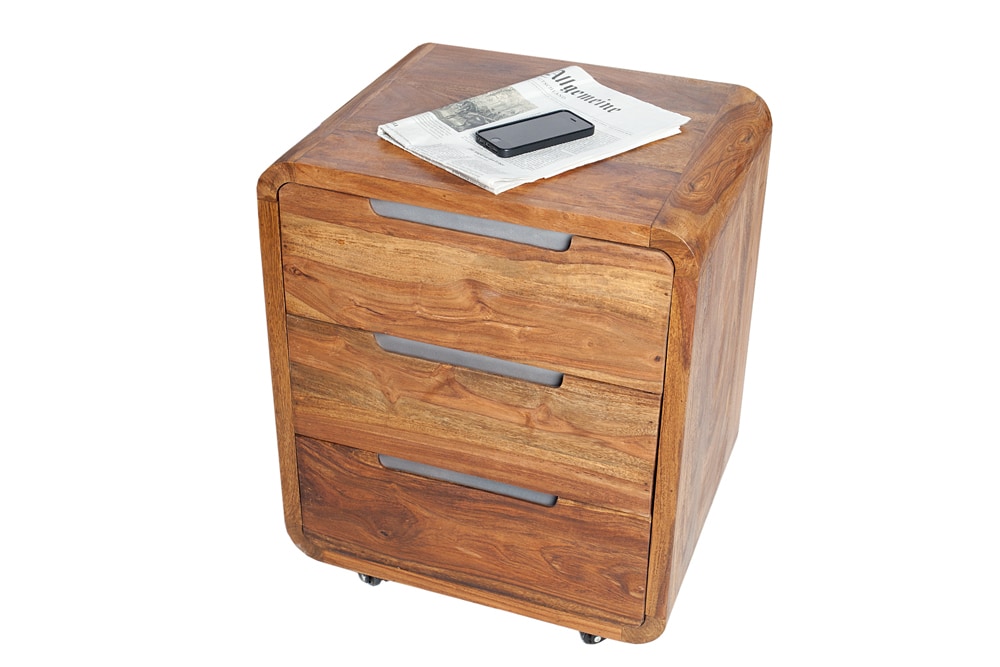 Massiver Rollcontainer CUBUS 60cm braun Sheeshamholz stone finish drei Schubladen