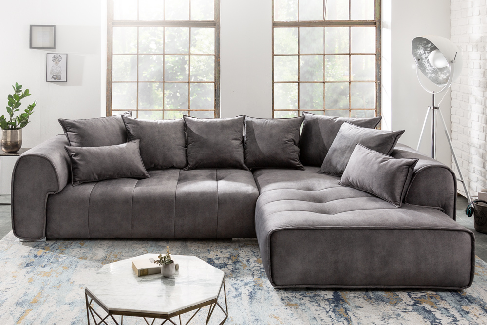 Modernes XXL Ecksofa CLAN 320cm anthrazit Samt Bigsofa inkl. Kissen