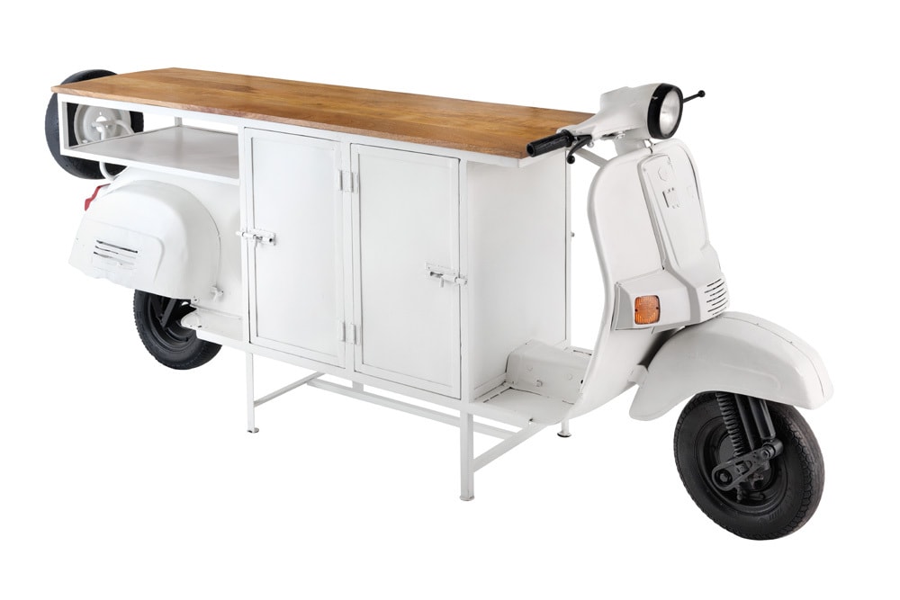 Extravaganter Barschrank SCOOTER 250cm weiß Retro-Konsole Motorroller mit Mangoholz Upcycling