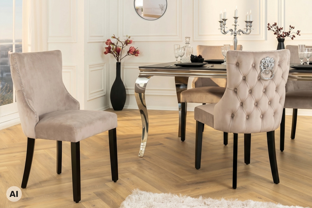 Chesterfield Stuhl CASTLE DELUXE cappuccino Samt mit Löwenkopf Nieten