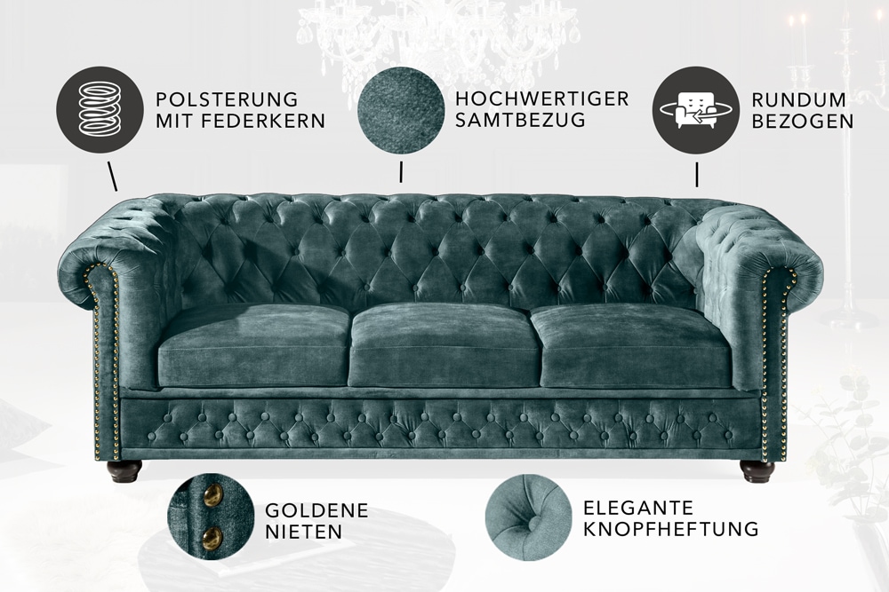 Chesterfield 3-Sitzer Sofa 205cm petrol Samt Federkern Goldnieten Knopfheftung