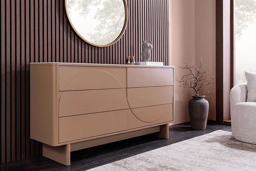 Design Sideboard SAVOY 150cm grau beige greige Keramik Travertin mit sechs Schubladen