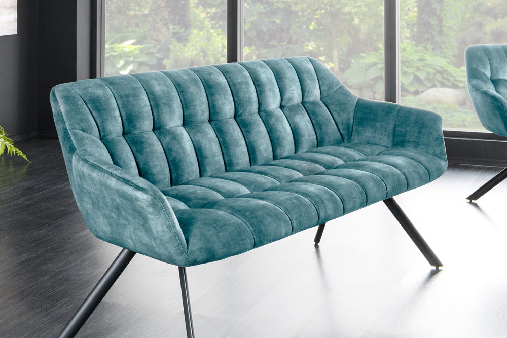 Esszimmer Sitzbank PAPILLON 165cm petrol Samt mit Lehnen schwarzes Metallgestell