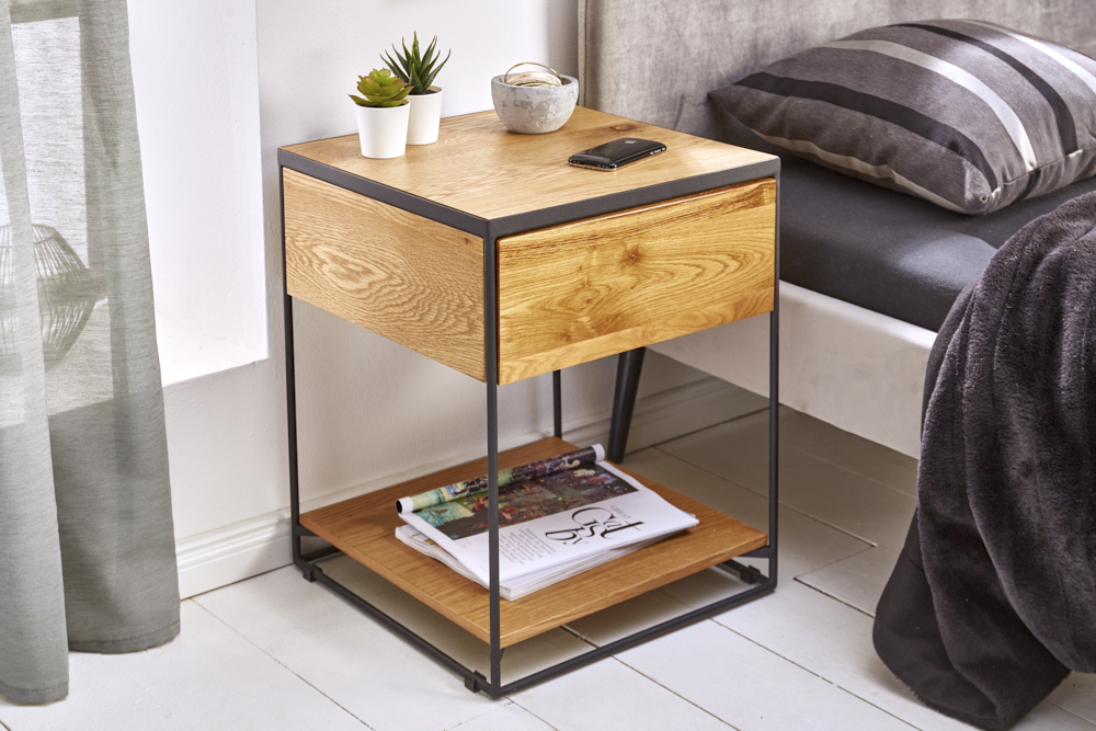 Moderner Beistelltisch SCORPION 50cm Wildeichen-Design Metall Nachttisch mit Schublade