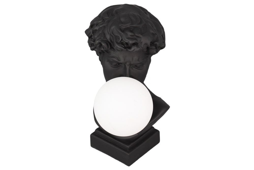 Handgefertigte Tischlampe DAVID 30cm schwarz Büste mit weißer Lampenkugel