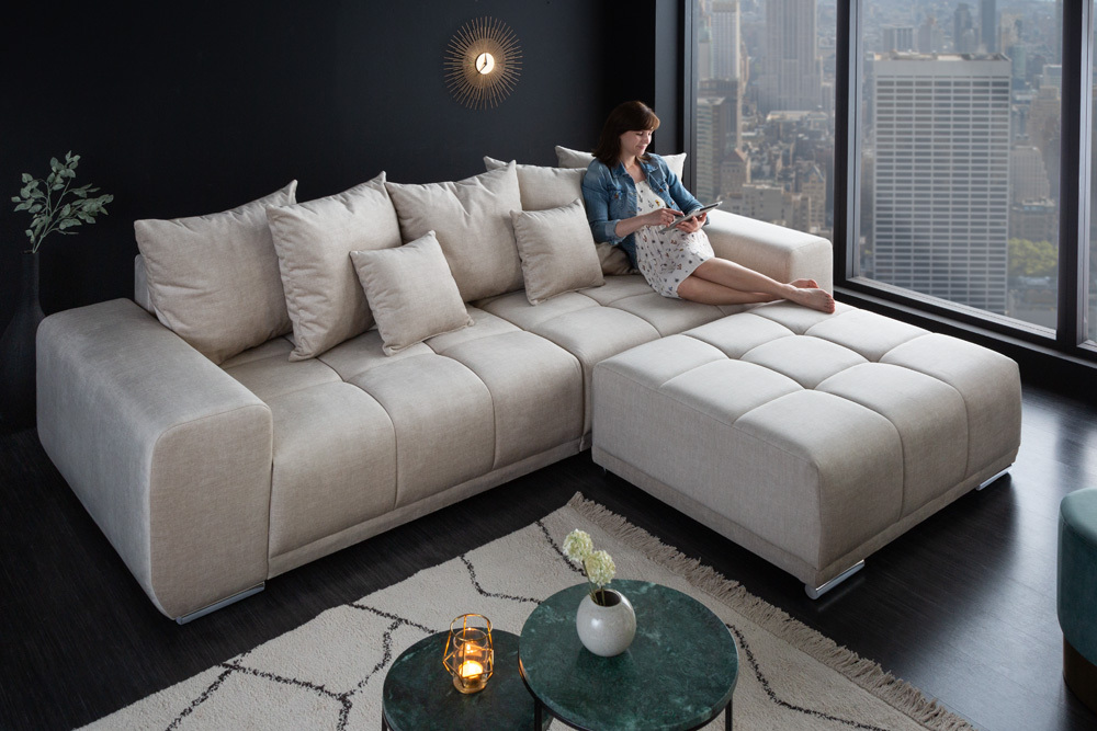 Extravaganter Hocker ELEGANCIA 110cm champagner beige Vogue Velours Samt Ziersteppung