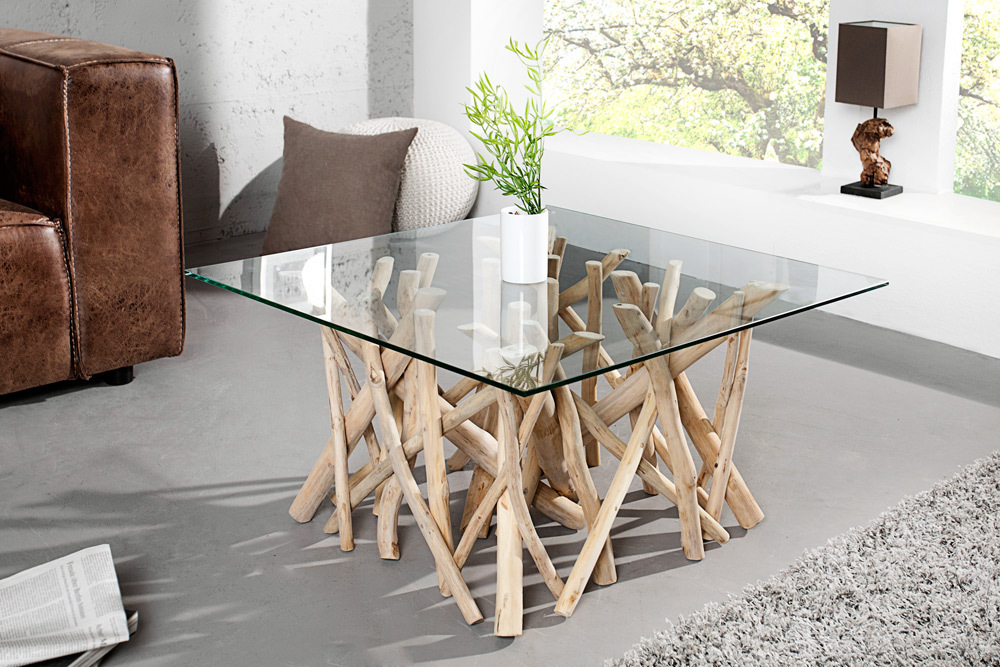 Design Teakholz Couchtisch DRIFTWOOD 80cm mit Glasplatte eckig