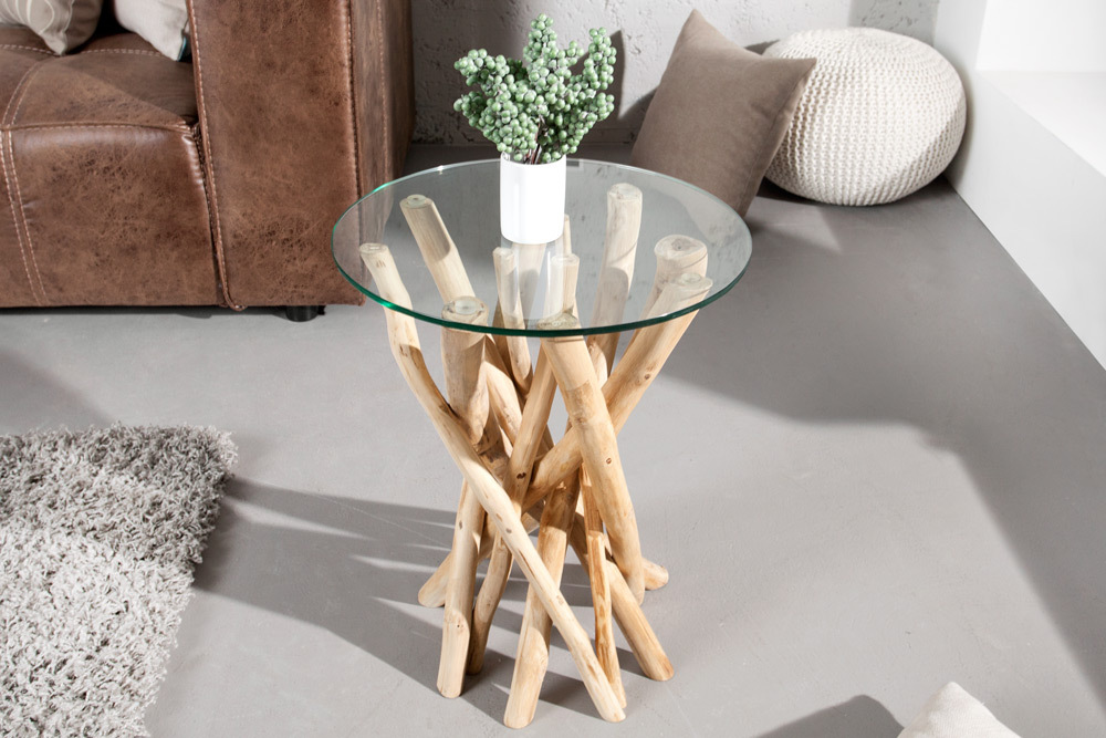 Design Beistelltisch DRIFTWOOD 40cm Teakholz mit Glasplatte rund Couchtisch