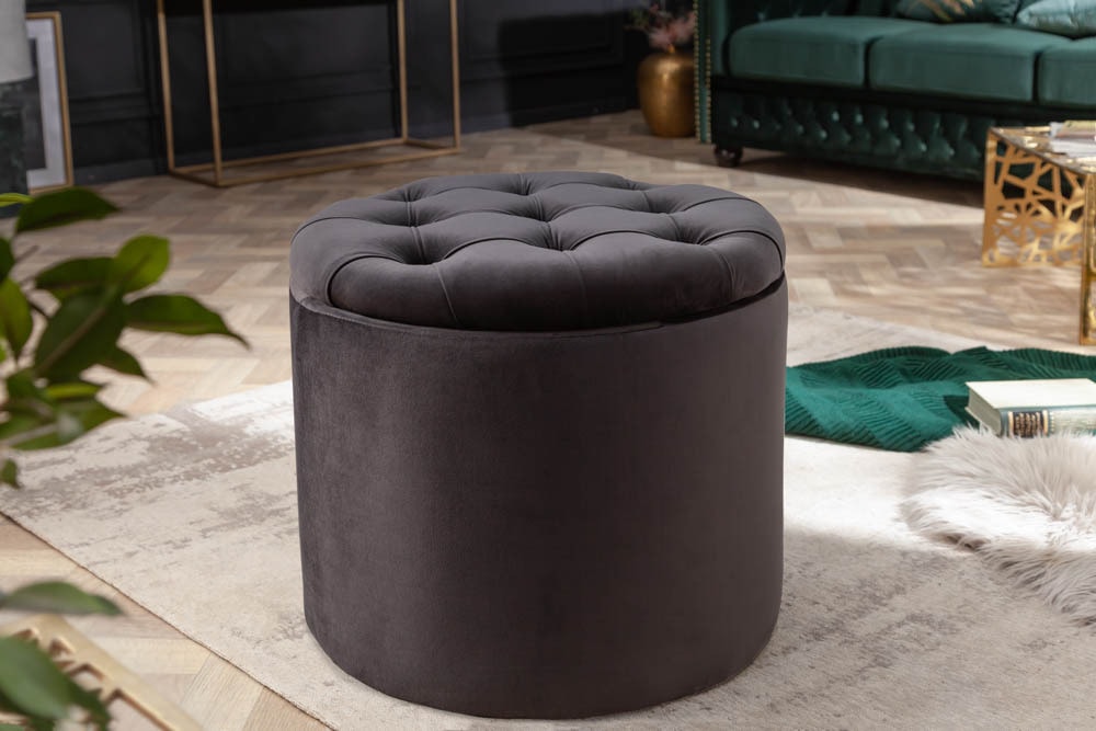 Eleganter Hocker MODERN BAROCK 50cm schwarz Samt Aufbewahrungkorb