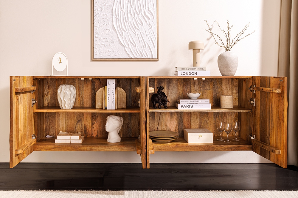 Massives Sideboard SCORPION 180cm braun hängend Mangoholz mit 3D Schnitzereien » Jetzt kaufen