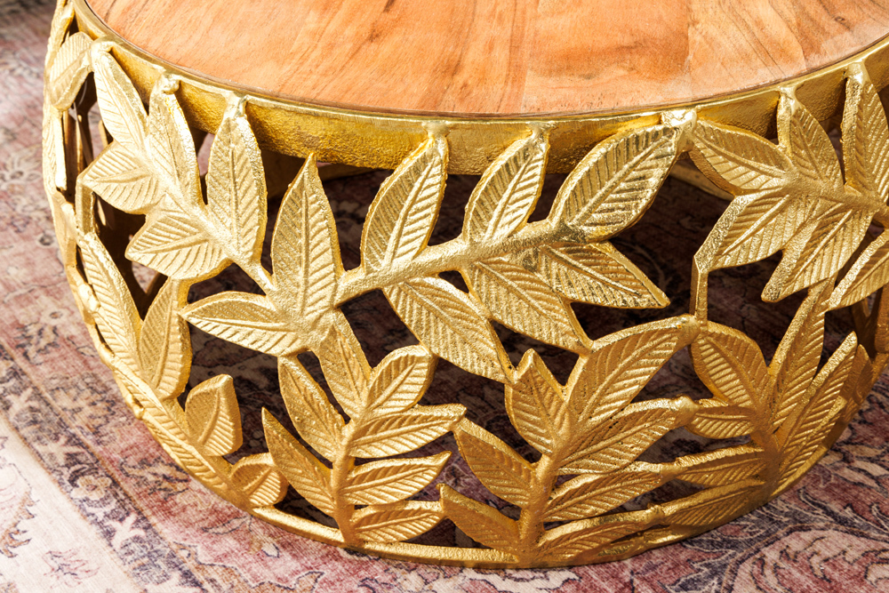 Rundes 2er Set Couchtische ABSTRACT LEAF 70cm natur gold Massivholz Akazie Metall Blatt-Design