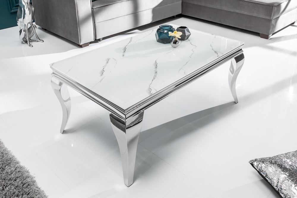 Eleganter Couchtisch MODERN BAROCK 100cm Glasplatte in Marmoroptik Edelstahlbeine