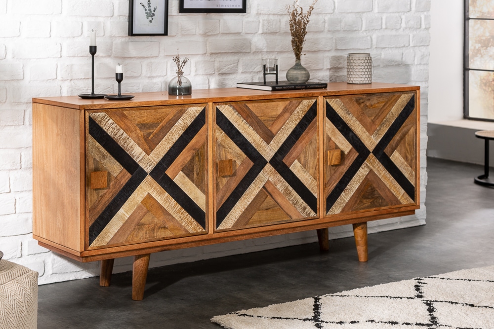Elegantes Sideboard LONG ISLAND 160cm Mangoholz-Optik mit Retro Muster