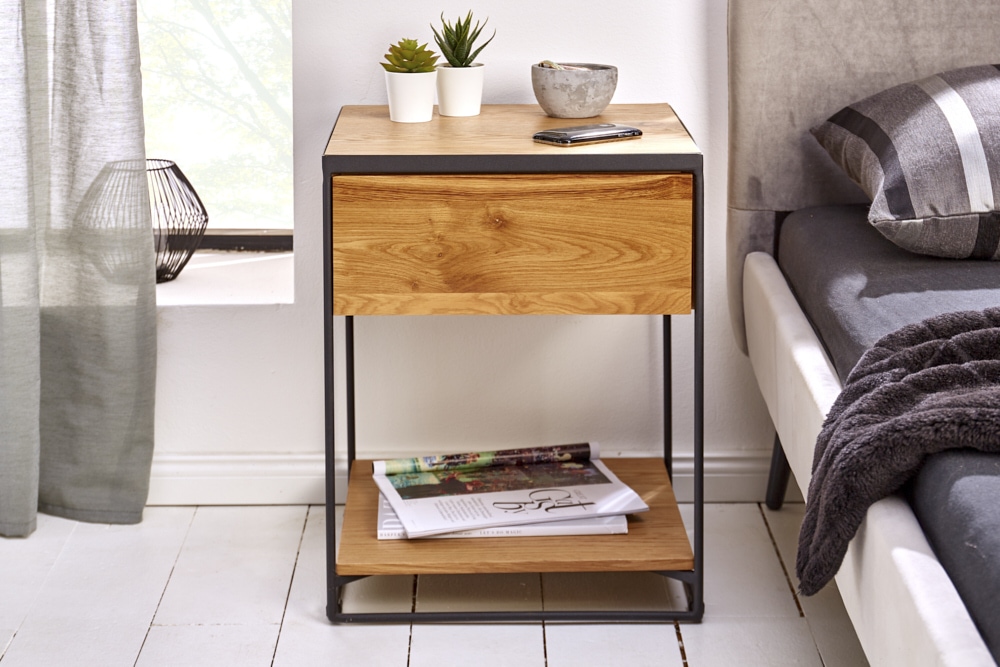 Moderner Beistelltisch SCORPION 50cm Wildeichen-Design Metall Nachttisch mit Schublade