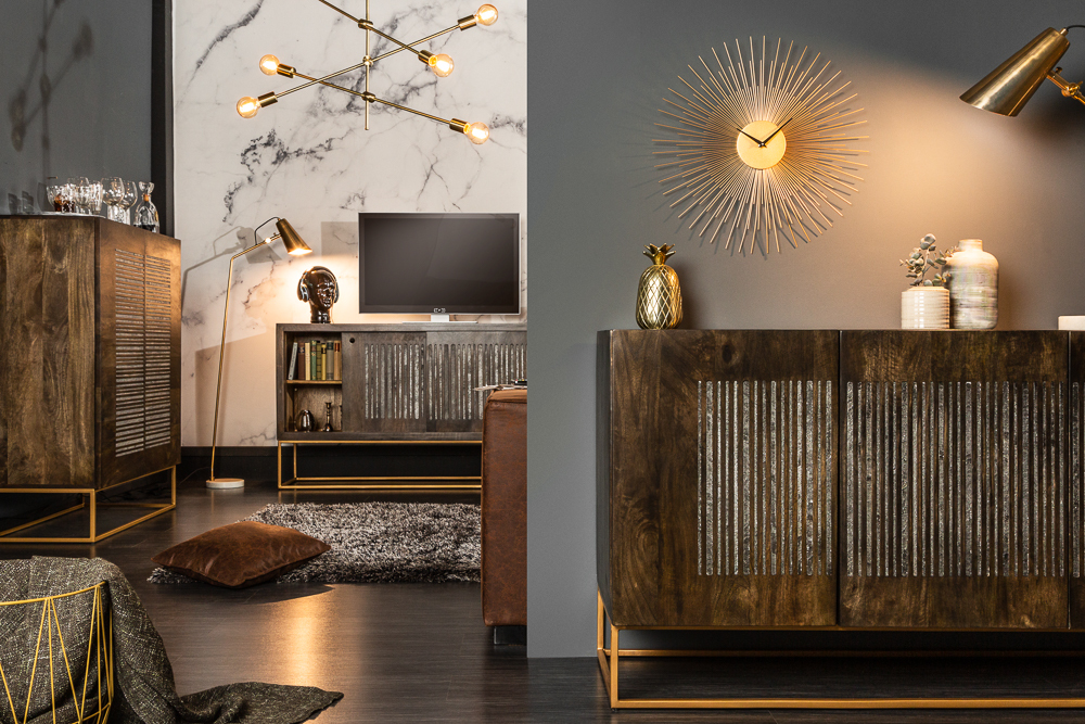 Massives Sideboard ONYX 160cm dunkelbraun gold Mangoholz Edelstein Achat Schiebetüren