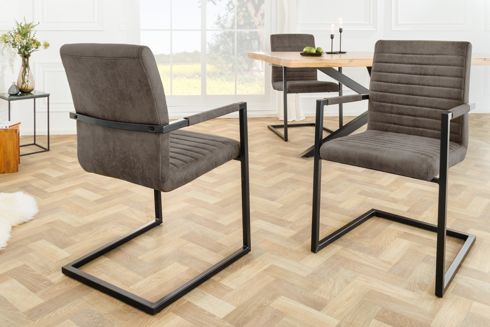 Moderner Freischwinger Stuhl LOFT taupe grau Microfaser mit Armlehne Eisengestell schwarz