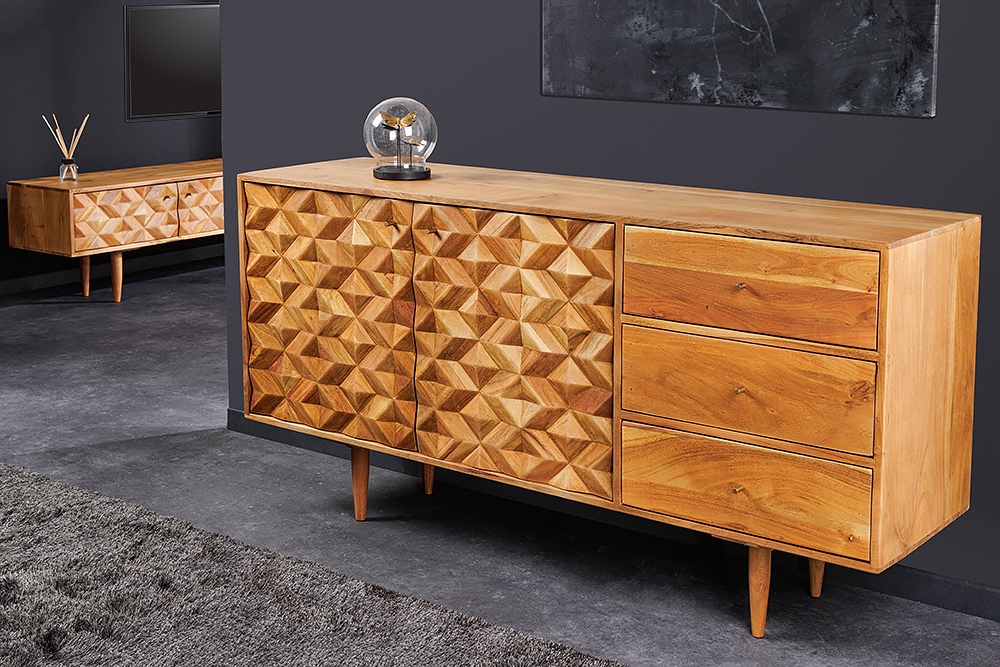 Massivholz Sideboard ALPINE 145cm Akazie honey finish Kommode mit Schubladen Retro Design