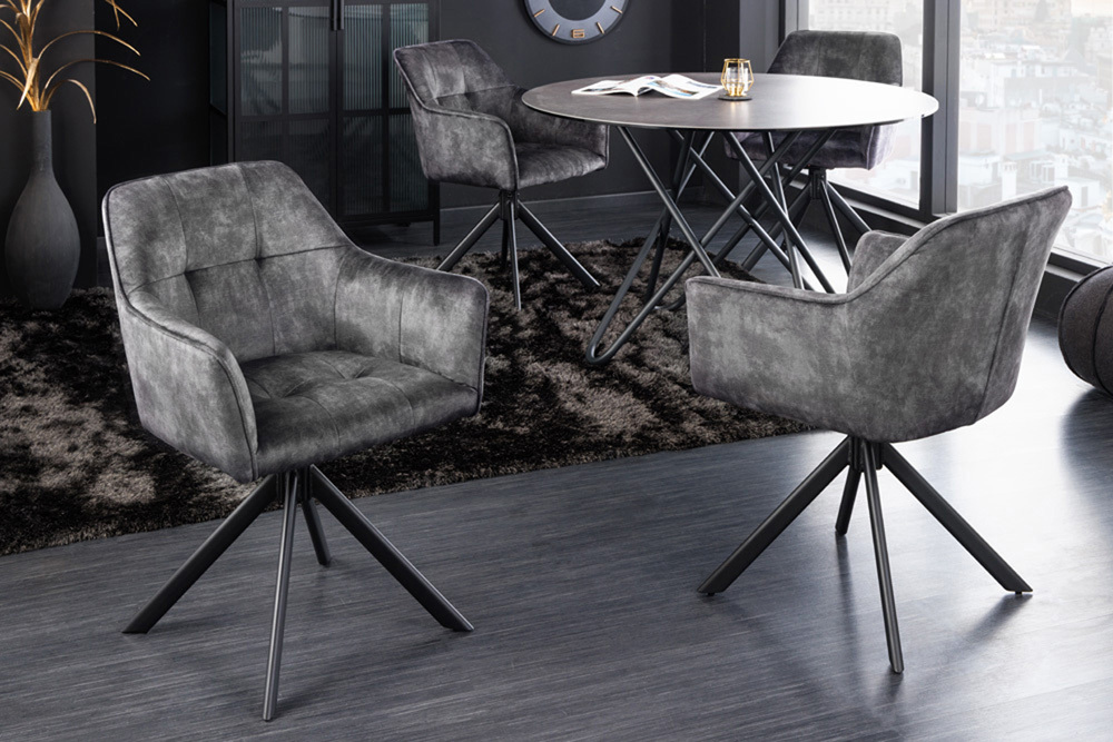 Design Stuhl LOFT dunkelgrau Samt drehbar Metallgestell schwarz mit Armlehne