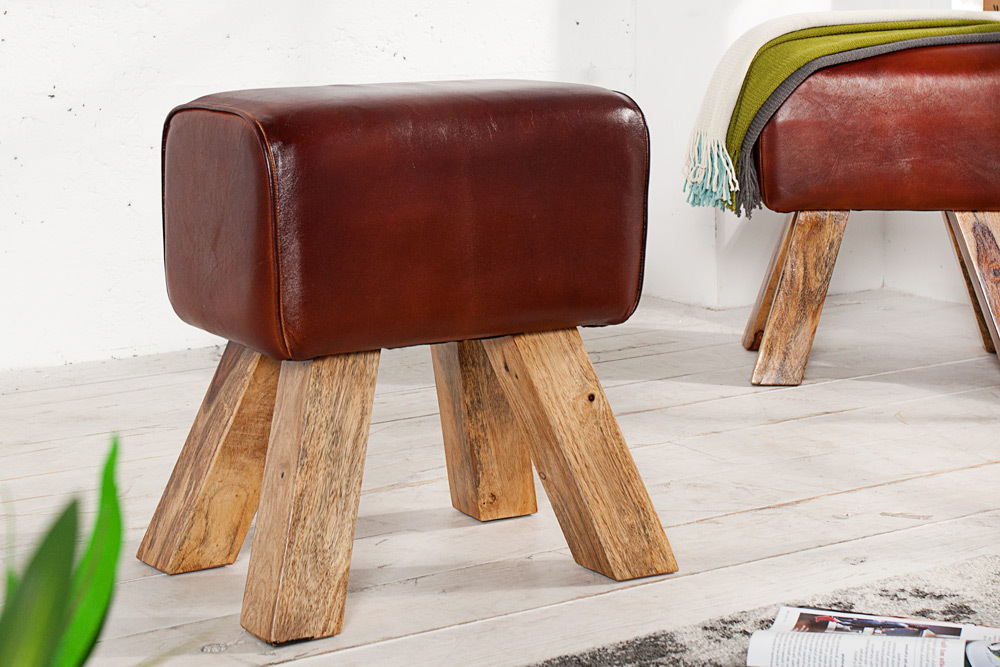 Retro Sitzhocker TURNBOCK 40cm mit Echtleder Bezug Mangoholz Hocker