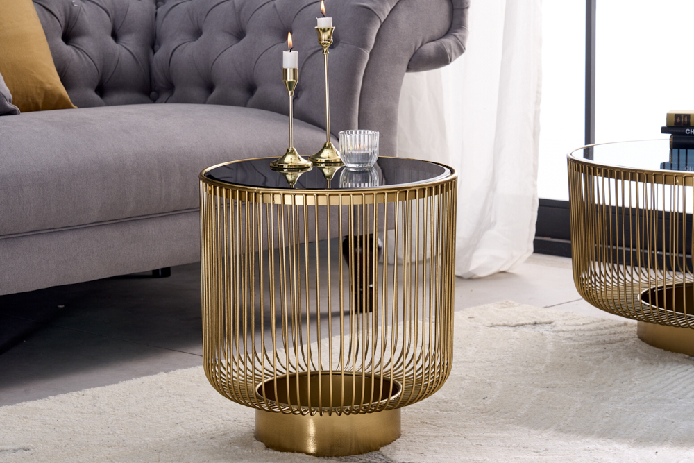 Filigraner Design Beistelltisch VARIATION 50cm gold Metall rund Schwarzglas Handarbeit