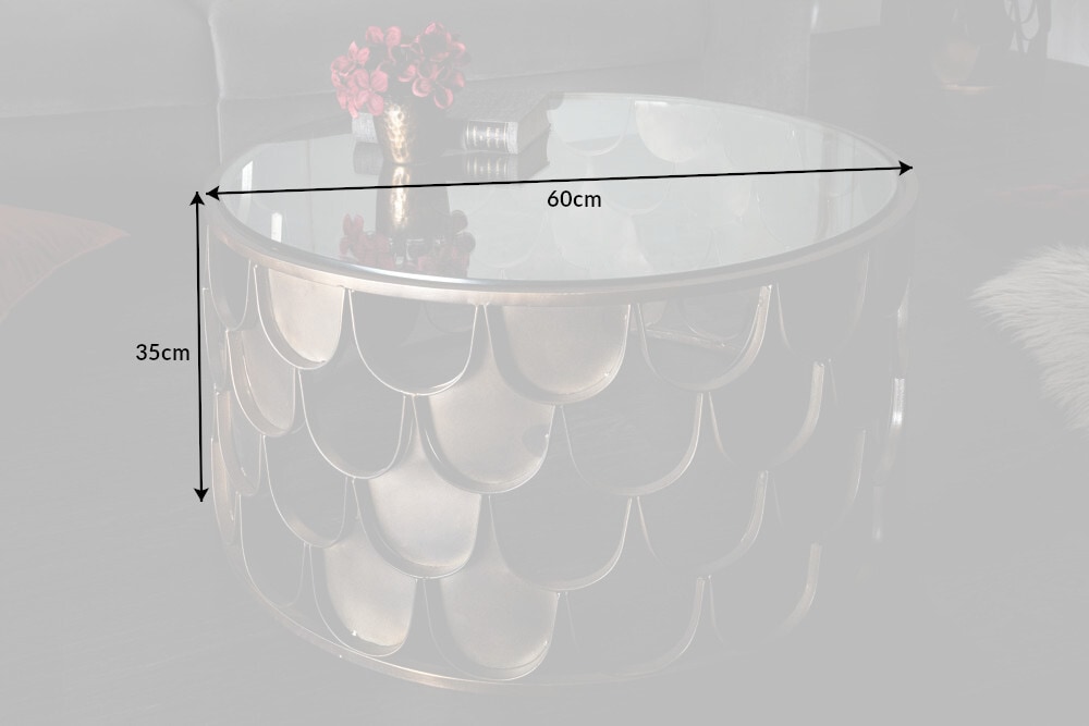 Runder Couchtisch ABSTRACT 60cm antik messing Metall Glas Industrial Fischschuppen Design