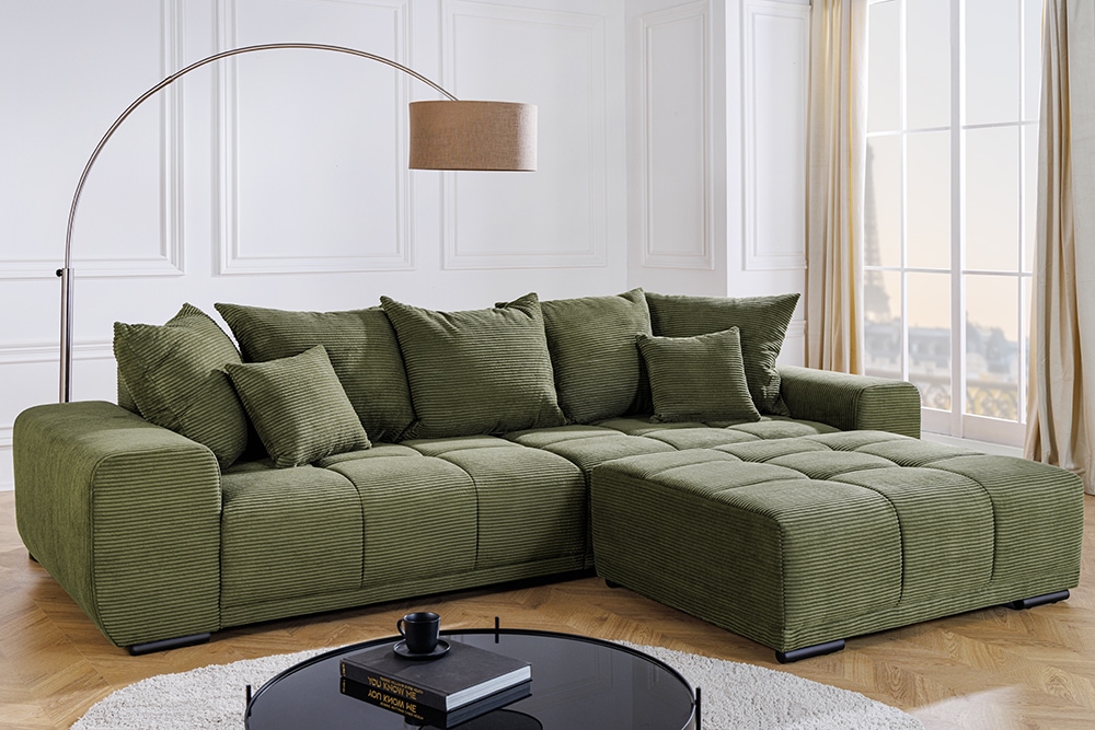 Modernes XXL Sofa ELEGANCIA 285cm grün Cord Federkern inklusive Kissen Bigsofa